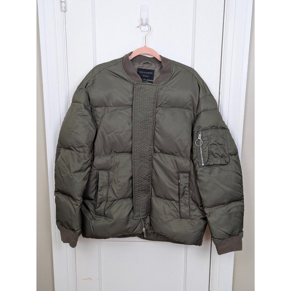 AllSaints Caisey Puffa Bomber Jacket – Size Medium | Olive Green